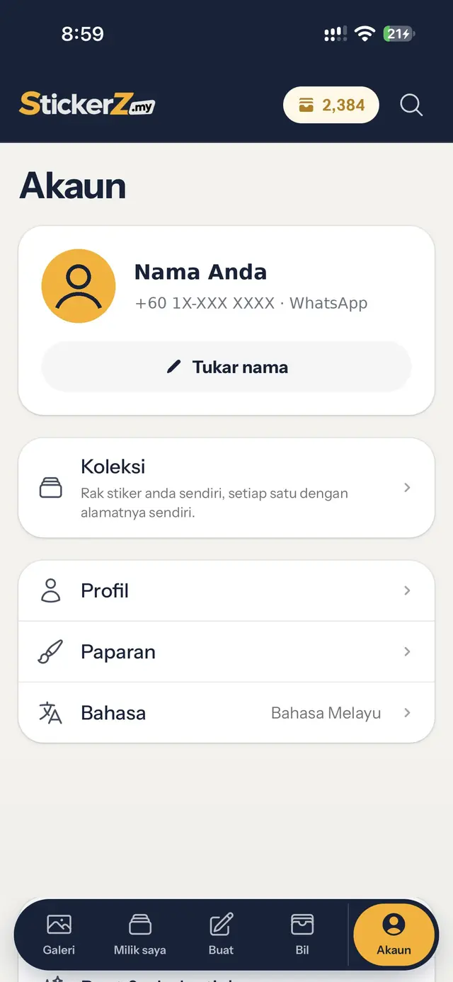 Halaman Akaun dengan menu gelap di bawah: Galeri, Milik saya, Buat, Bil, Akaun