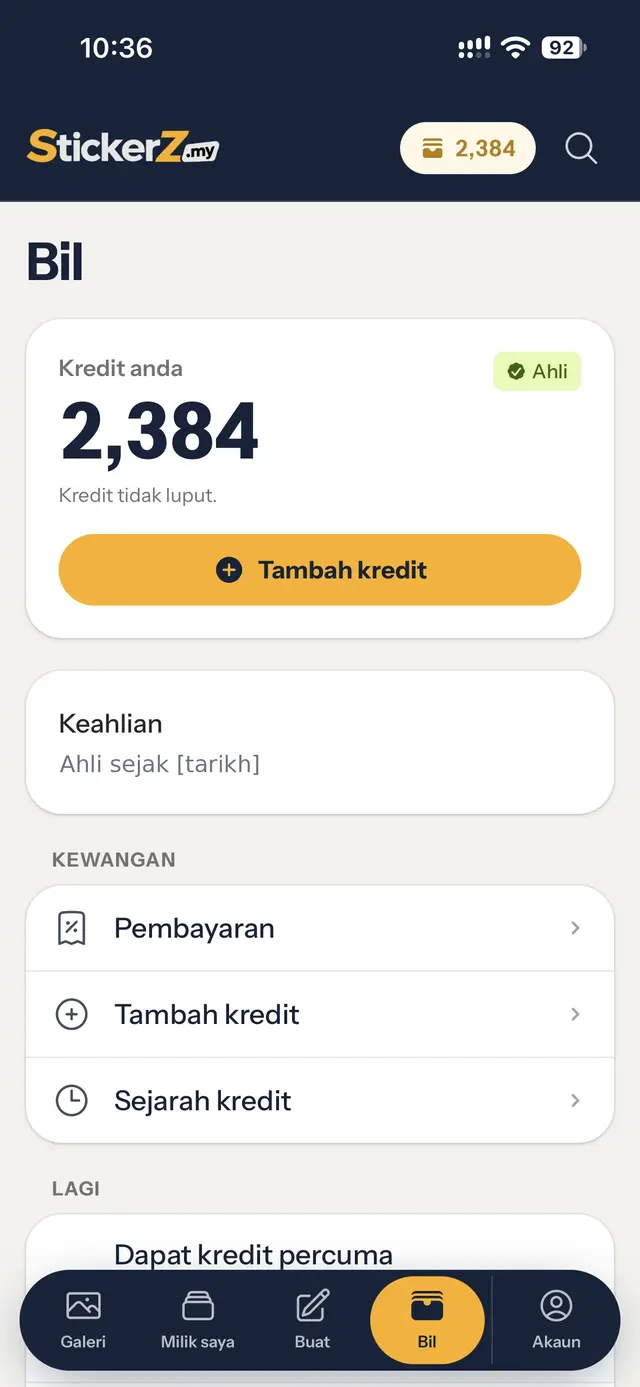 Halaman Bil dengan baki kredit, butang Tambah kredit dan Sejarah kredit