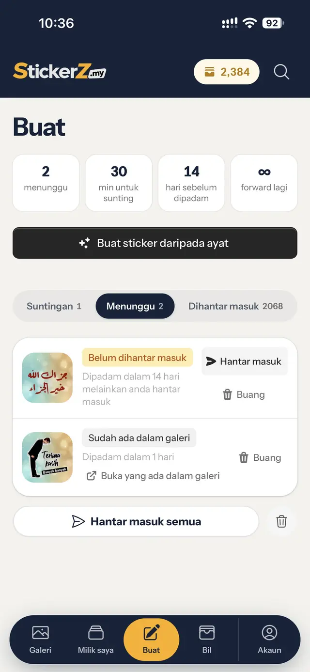 Halaman Buat dengan tab Suntingan, Menunggu dan Dihantar masuk serta butang Hantar masuk semua