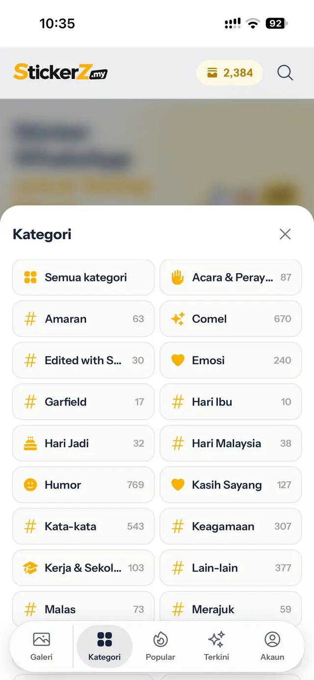 Senarai Kategori seperti Humor, Comel, Hari Jadi dan Kasih Sayang dengan bilangan stiker