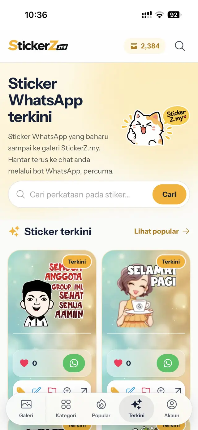 Halaman Sticker WhatsApp terkini dengan butang suka dan butang WhatsApp