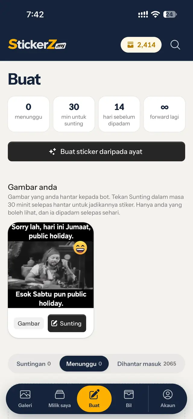 Halaman Buat di StickerZ.my menunjukkan gambar yang dihantar dengan butang Sunting