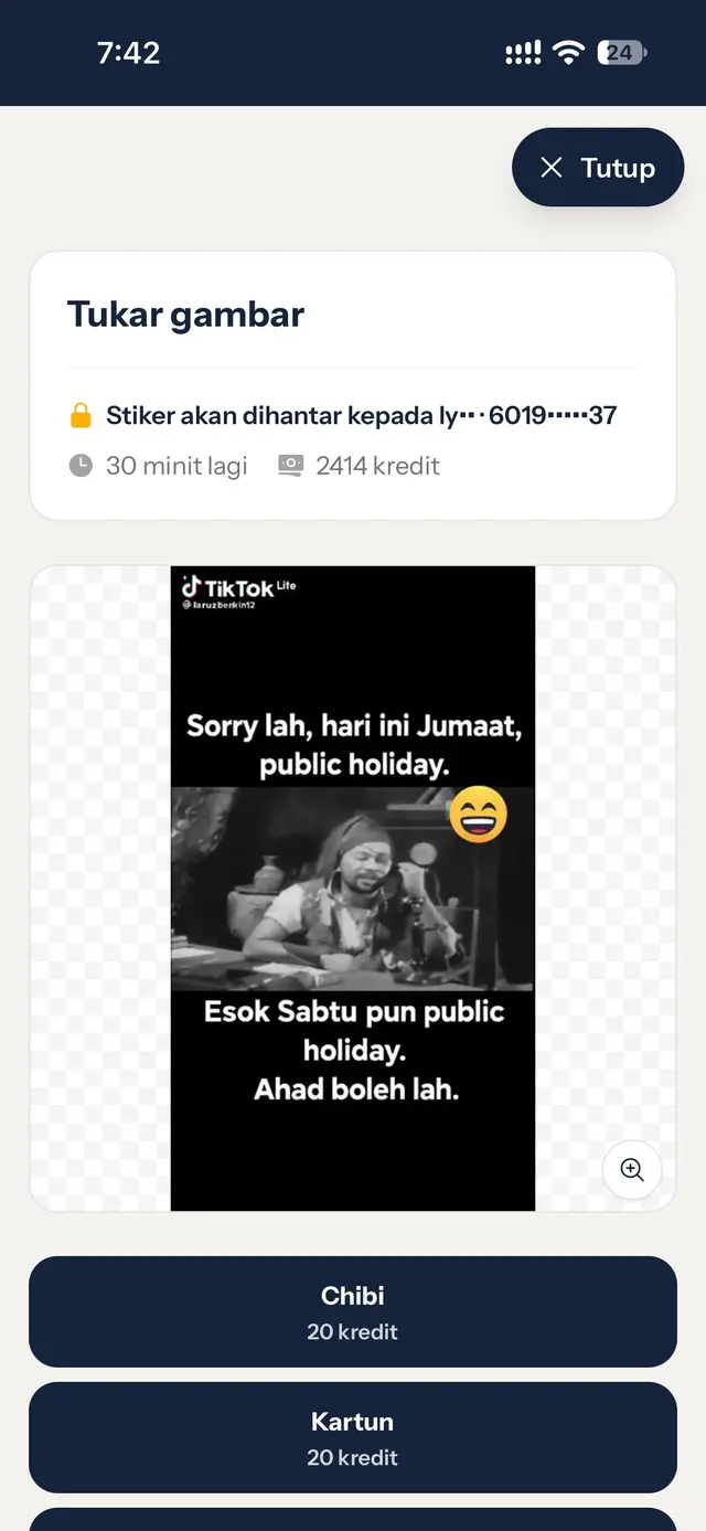 Editor Tukar gambar dengan nombor penerima, baki kredit dan pilihan gaya Chibi serta Kartun