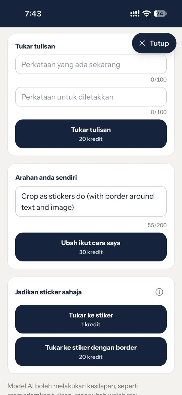 Pilihan Tukar tulisan, Arahan anda sendiri dan Jadikan sticker sahaja beserta kos kredit