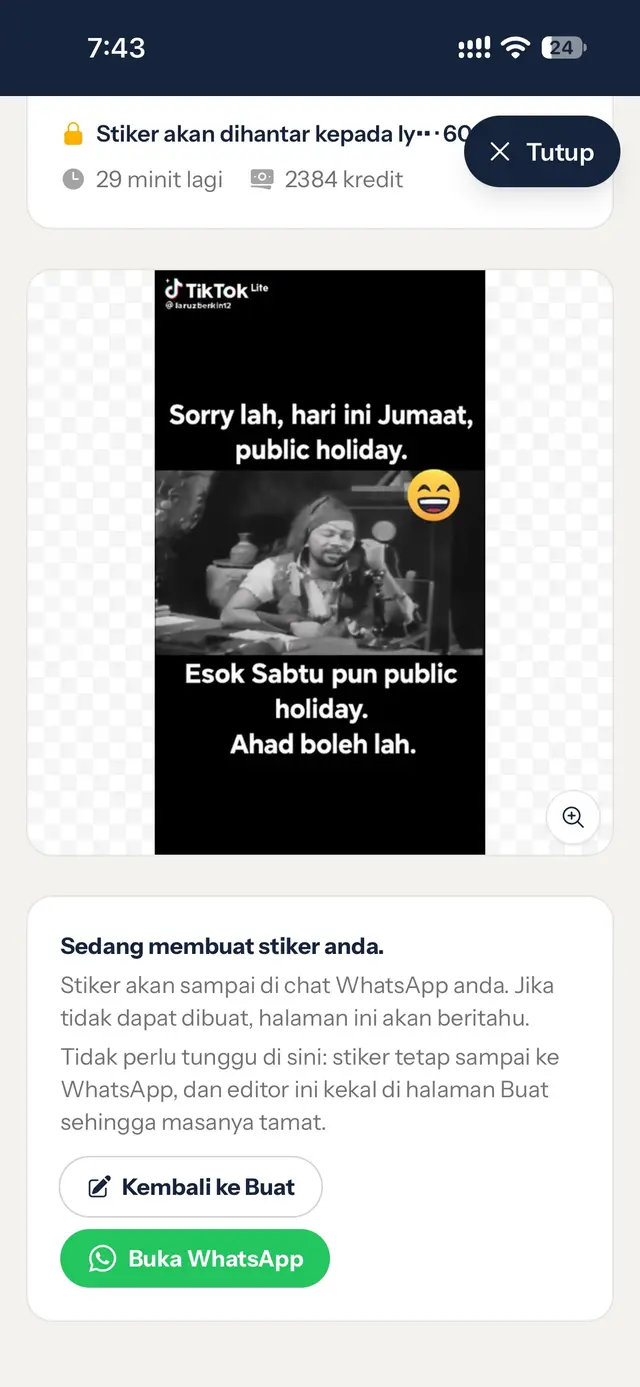 Mesej Sedang membuat stiker anda dengan butang Kembali ke Buat dan Buka WhatsApp