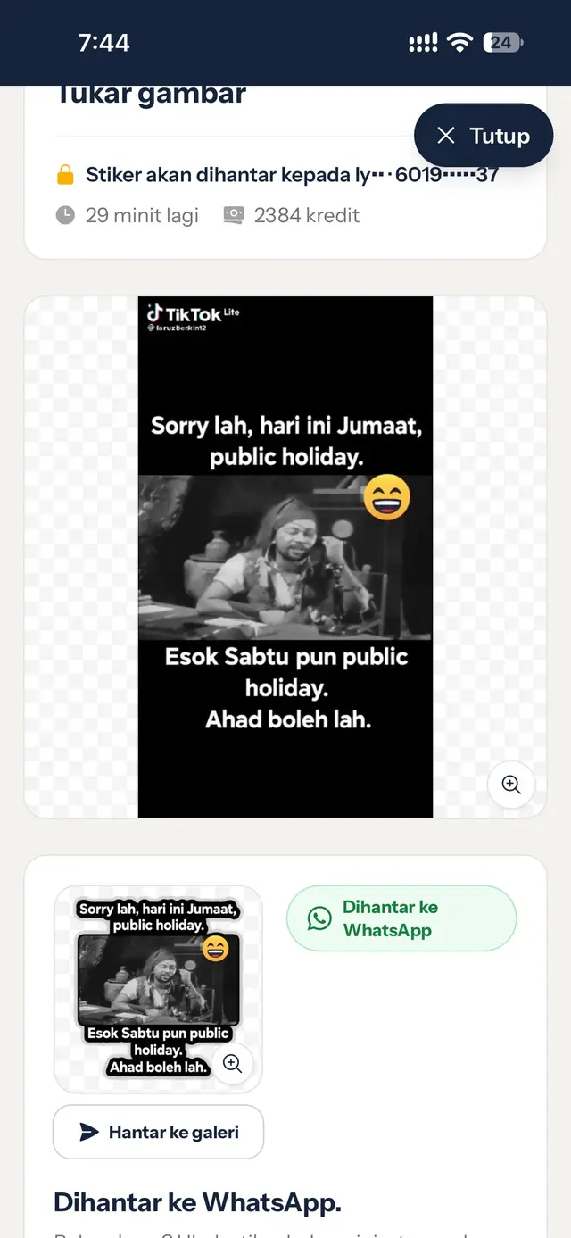 Stiker siap berlabel Dihantar ke WhatsApp dengan butang Hantar ke galeri