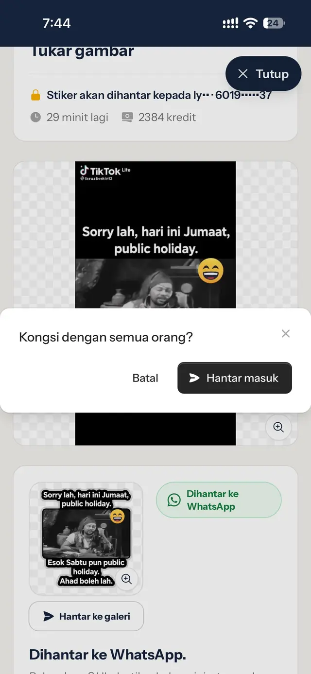 Kotak pengesahan Kongsi dengan semua orang dengan butang Batal dan Hantar masuk
