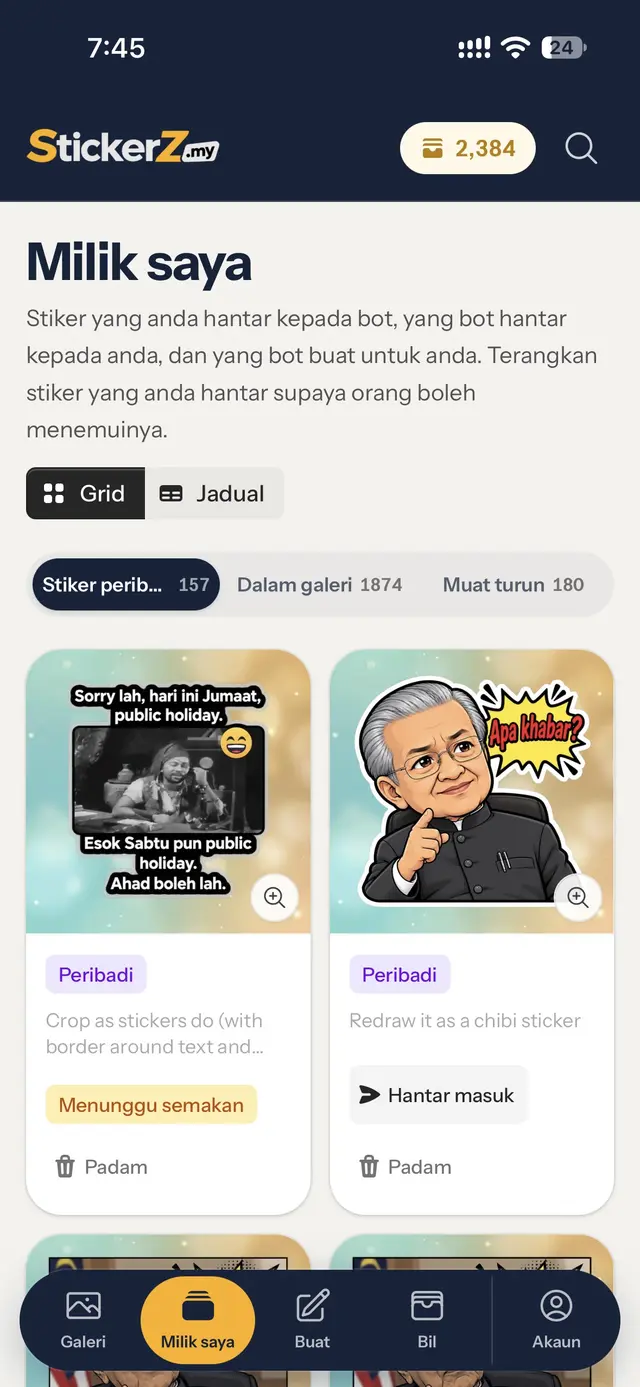 Halaman Milik saya dengan stiker berlabel Menunggu semakan