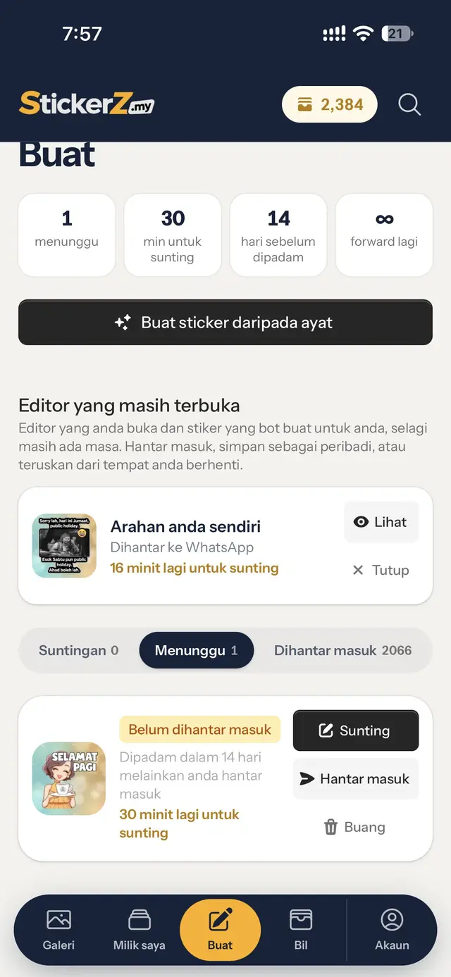 Tab Menunggu menunjukkan stiker berlabel Belum dihantar masuk dengan butang Sunting, Hantar masuk dan Buang