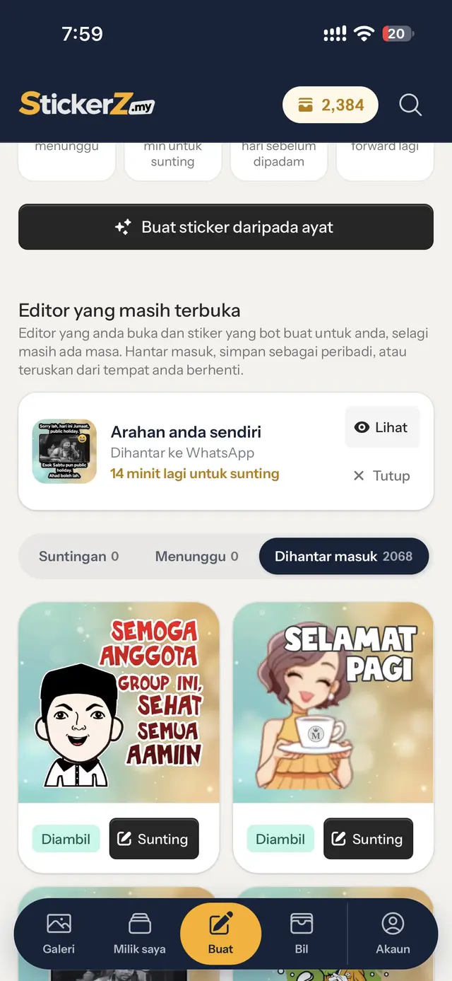 Tab Dihantar masuk menunjukkan stiker Selamat Pagi berlabel Diambil