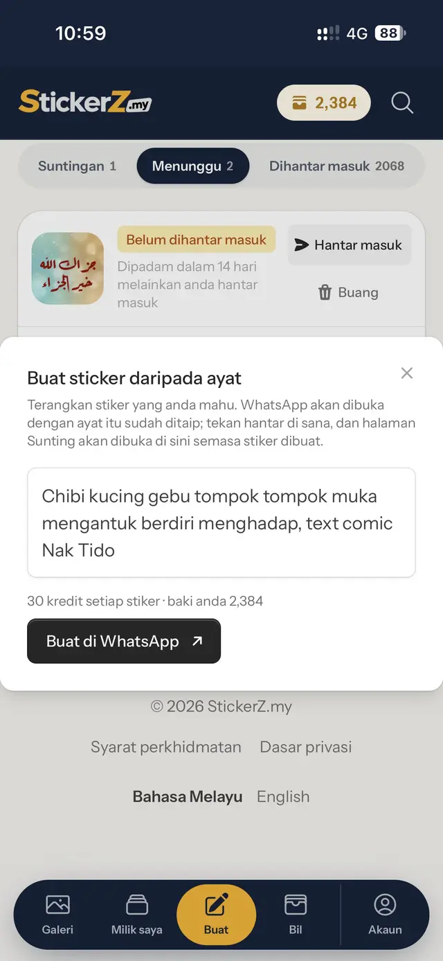Arahan stiker ditaip dalam kotak Buat sticker daripada ayat