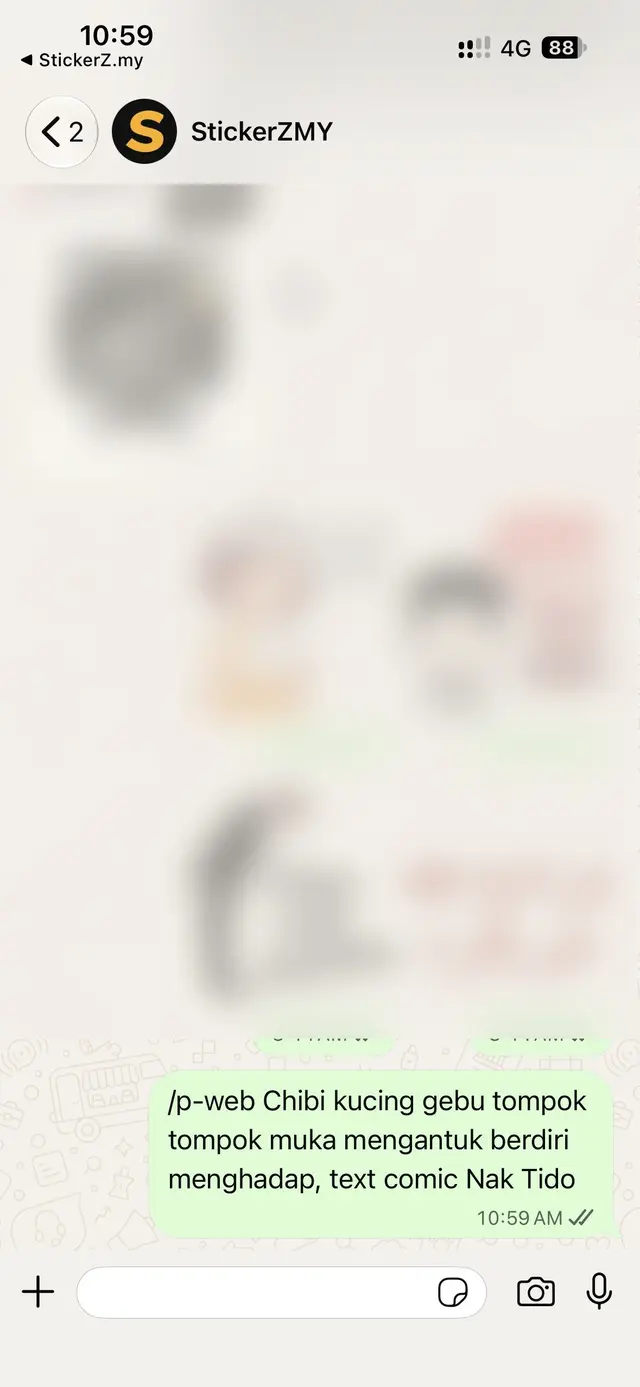 Chat WhatsApp dengan mesej /p-web berserta arahan stiker yang baru dihantar