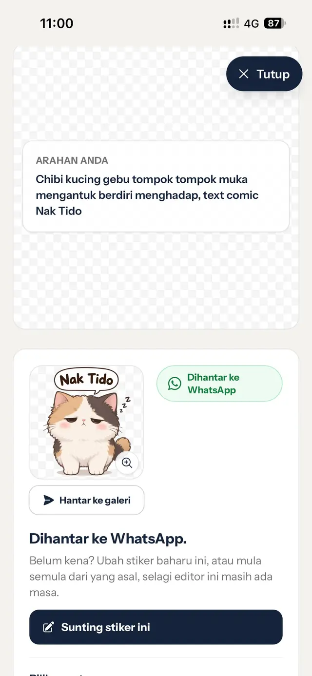 Stiker kucing Nak Tido siap dengan label Dihantar ke WhatsApp, butang Hantar ke galeri dan Sunting stiker ini