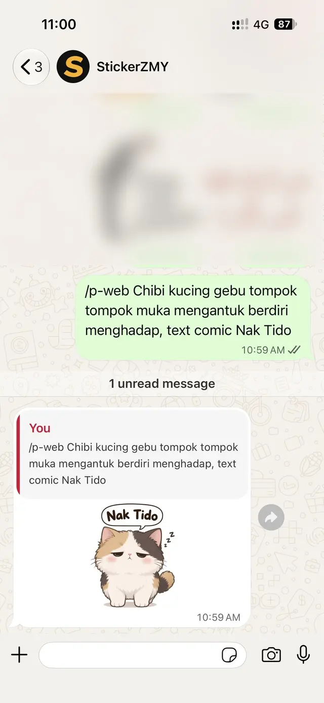 Stiker kucing Nak Tido diterima dalam WhatsApp