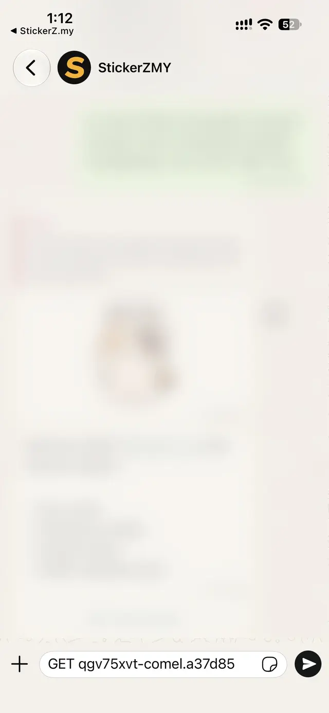 Chat WhatsApp dengan bot StickerZMY, mesej GET dengan kod stiker sudah ditaip