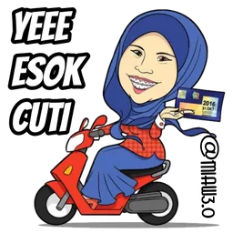 tudung, motosikal, gembira, cuti, esok cuti